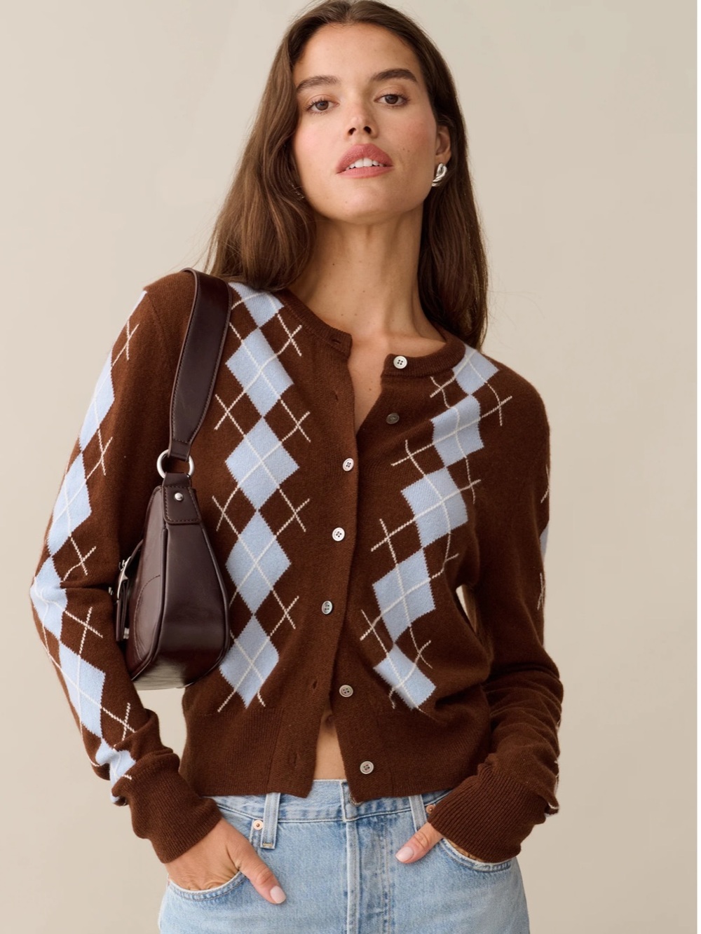 NWT CAARA Finley Cashmere Coffee Argyle 
Few Moda Cardigan Medium